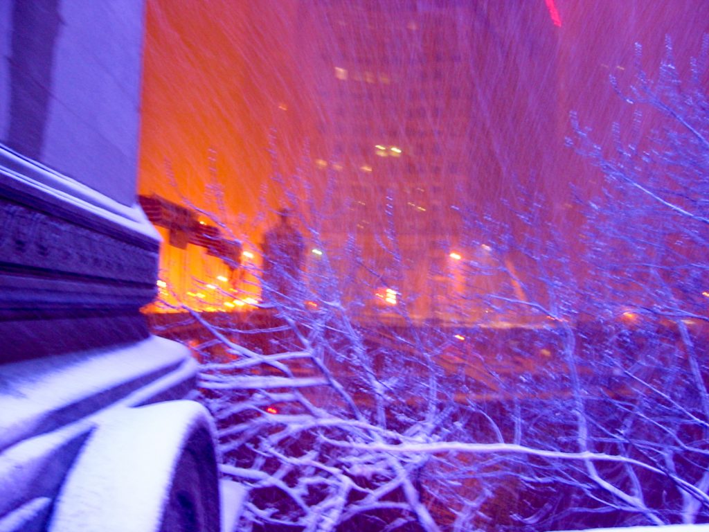 Tribune Tower and Michigan Avenue bridge with purple light, January 2002