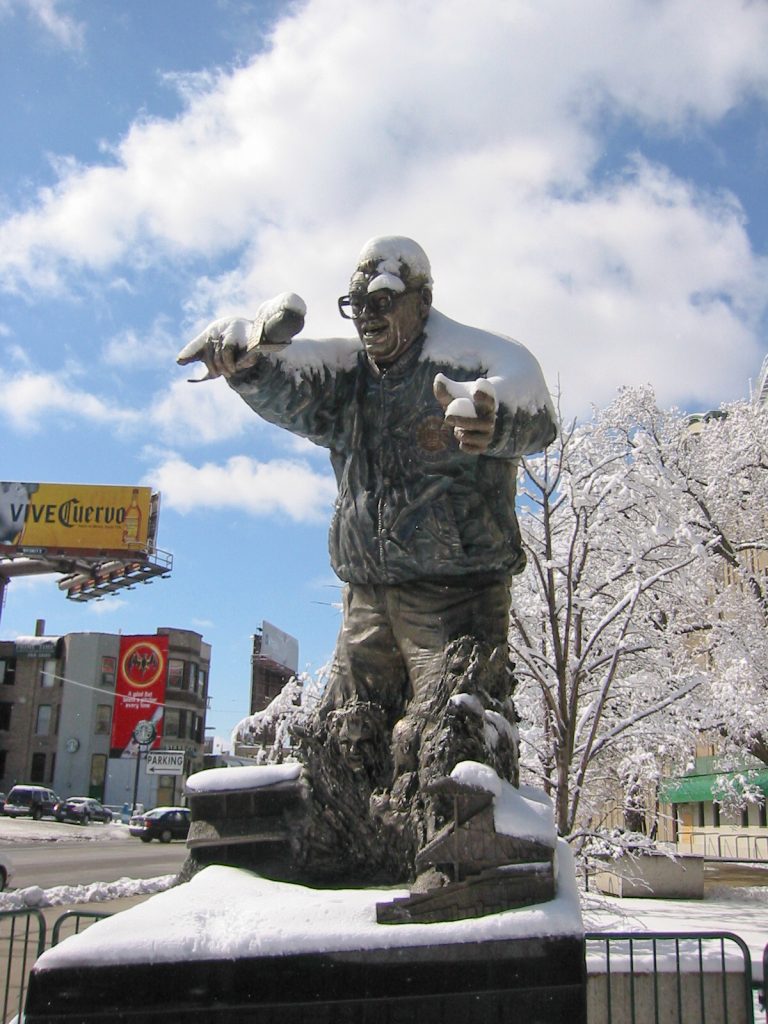 Harry Caray statue covered in snow, March 2002