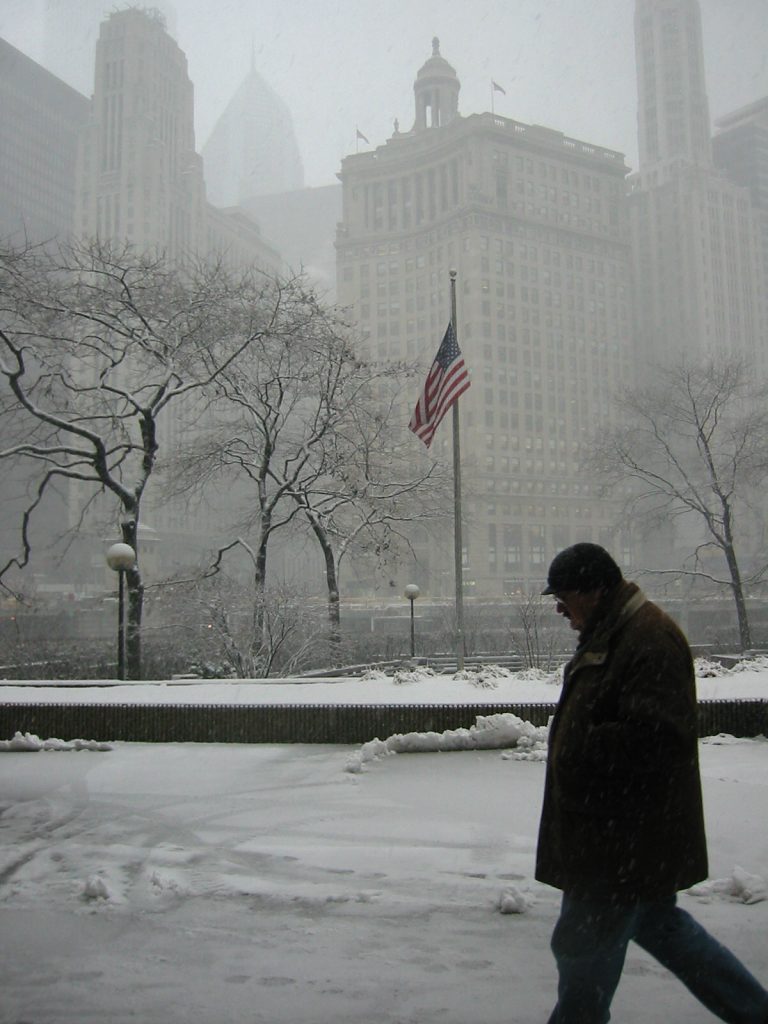 Man walking downtown Chicago, December 2002