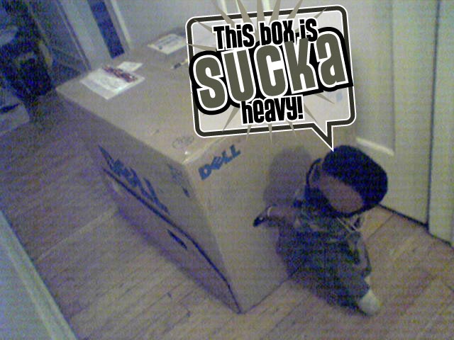 Mr. T pushing a Dell 3100cn printer box