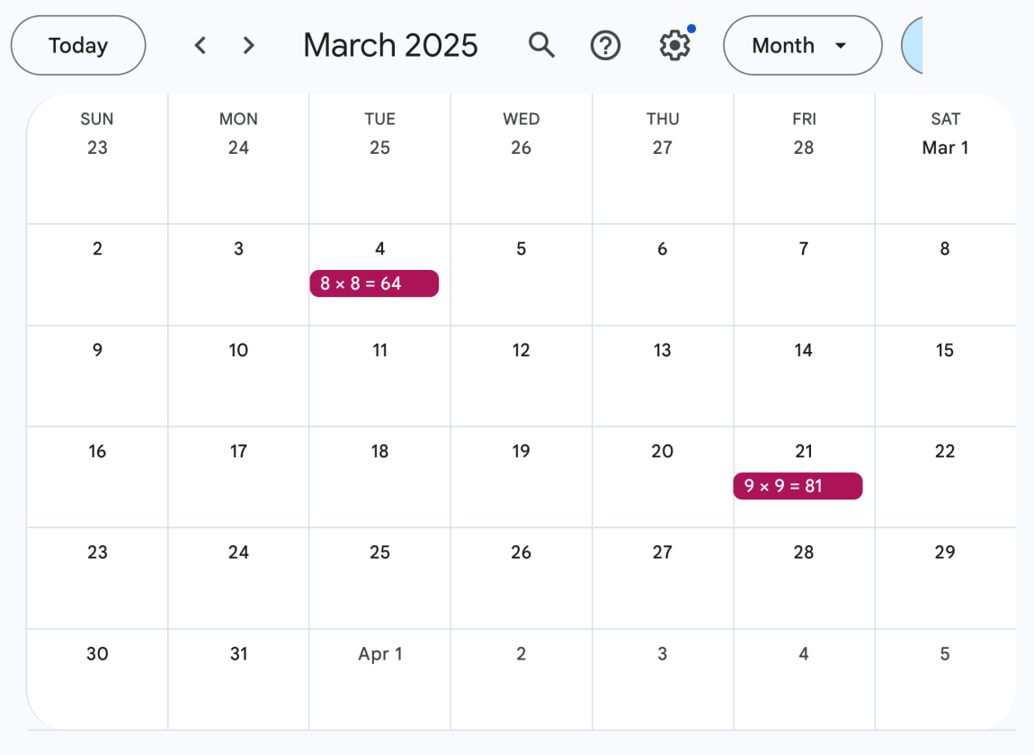 Calendar with square number days in March 2025