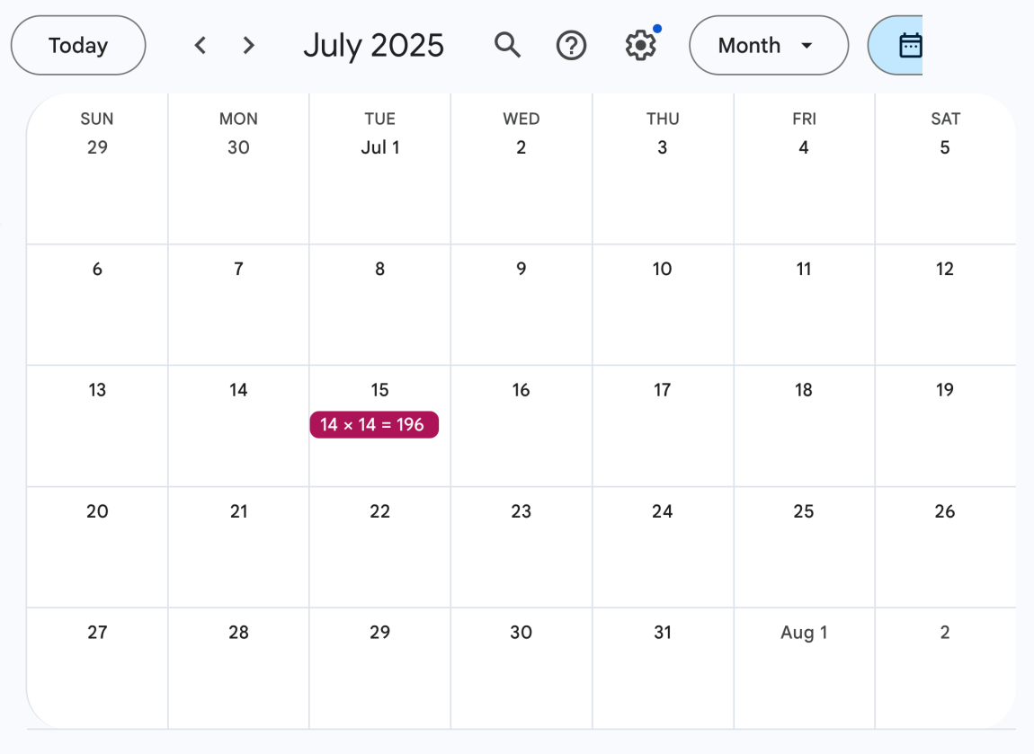Calendar with square number days in July 2025