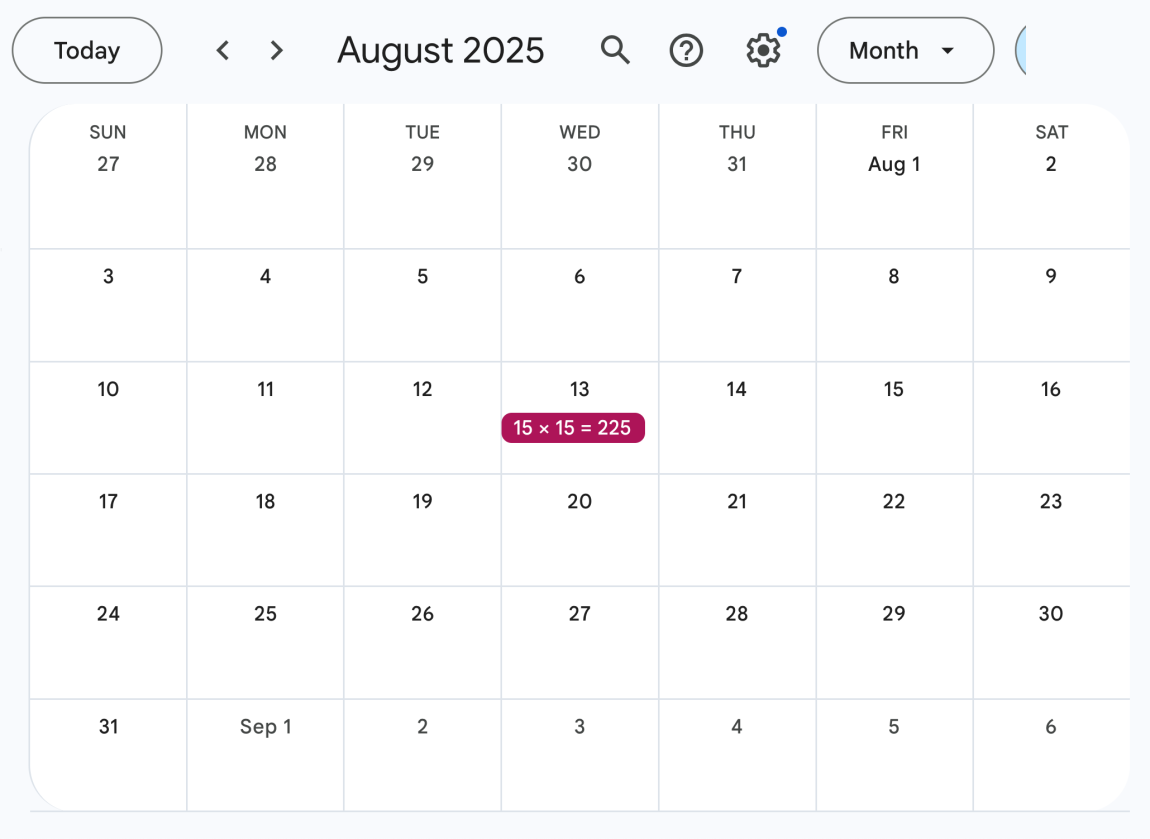 Calendar with square number days in August 2025