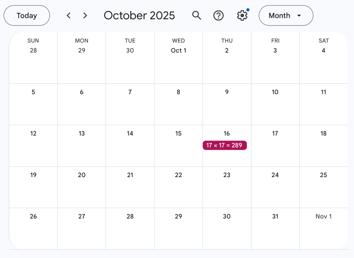 Calendar with square number days in October 2025