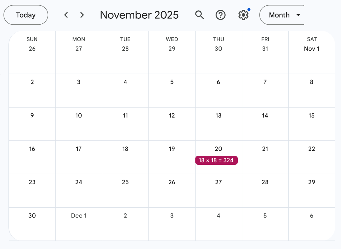 Calendar with square number days in November 2025