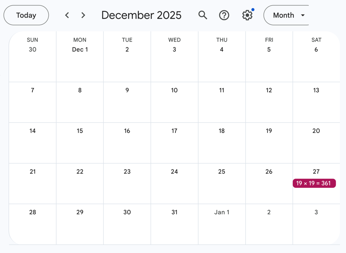Calendar with square number days in December 2025