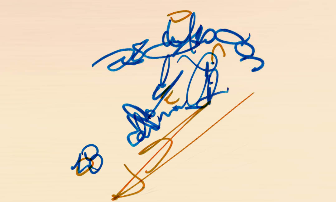 The drawing with he shapes from Lionel Messi's autograph highlighted in brown.