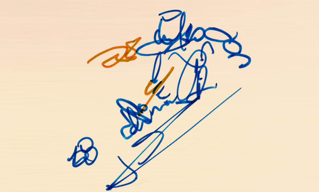 The drawing with he shapes from Hristo Stoichkov autograph highlighted in brown.