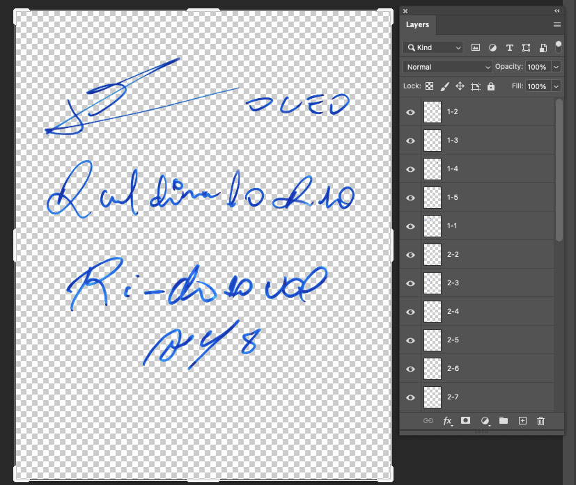 Screenshot of Photoshop with all the shapes from the autographs in their own layers