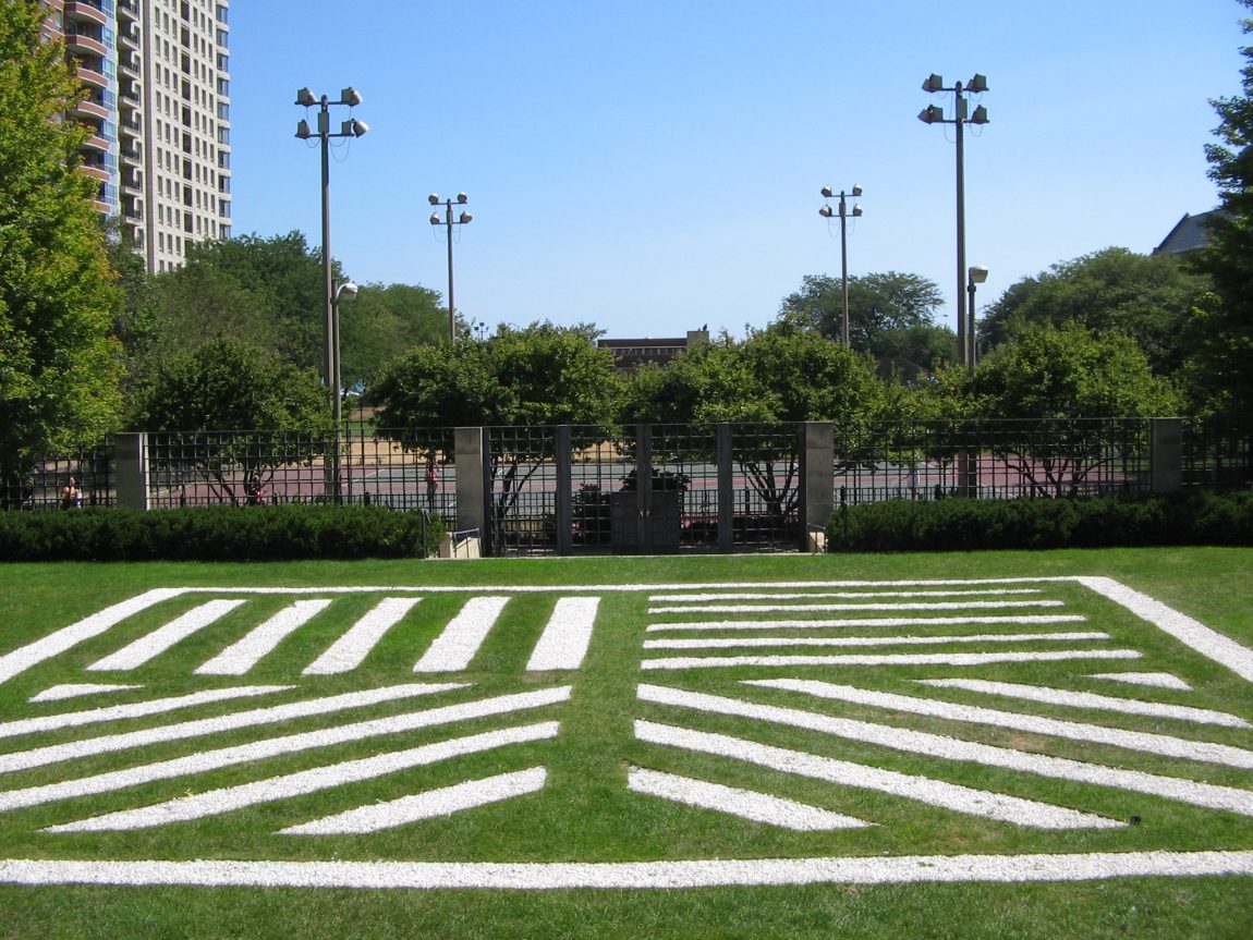 Photo of Sol LeWitt's "Band in Four Directions" at the courtyard of the Museum of Contemporary Art in Chicago.