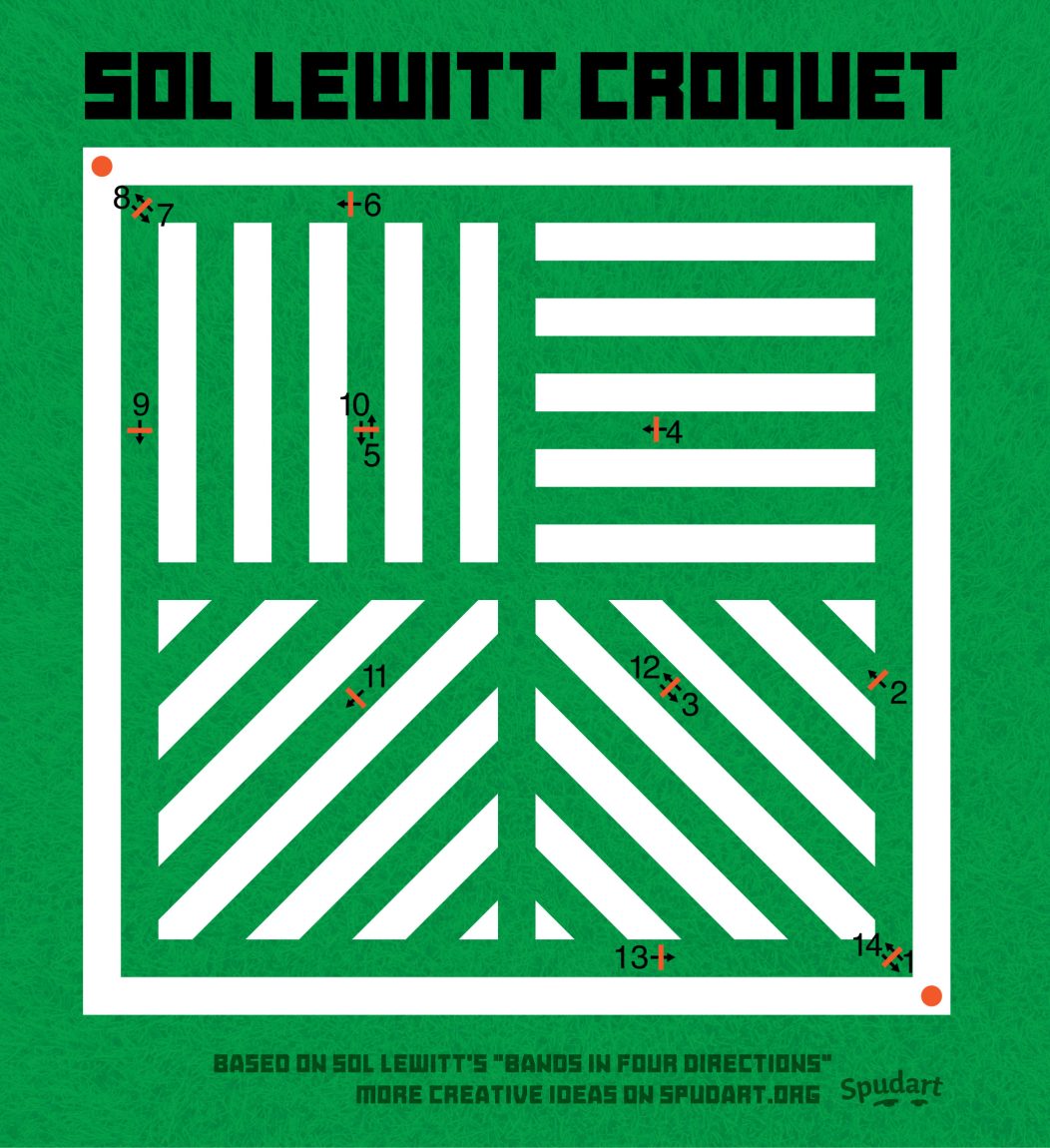 Diagram of how to arrange wickets in the Sol LeWitt Croquet Course. 10 wickets are dispersed throughout LeWitt's Bands.