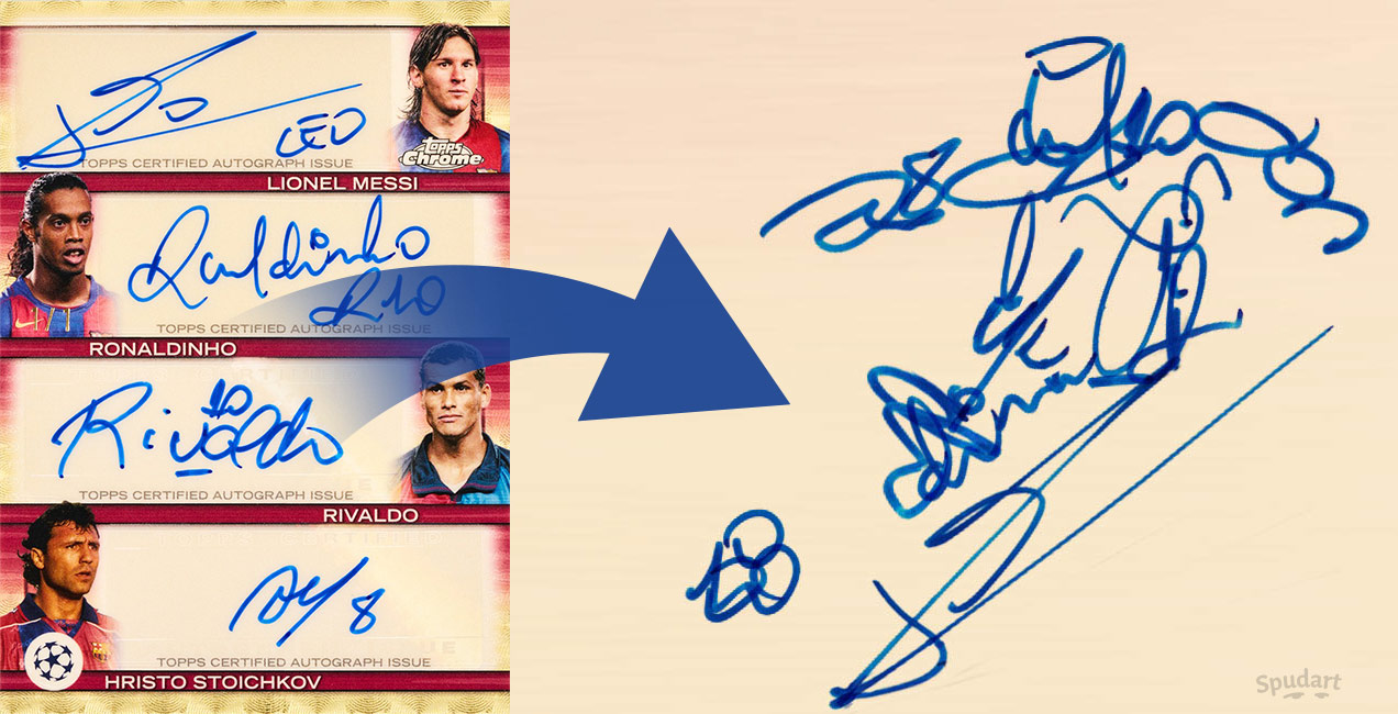 Cutting up autographs into a drawing - Spudart