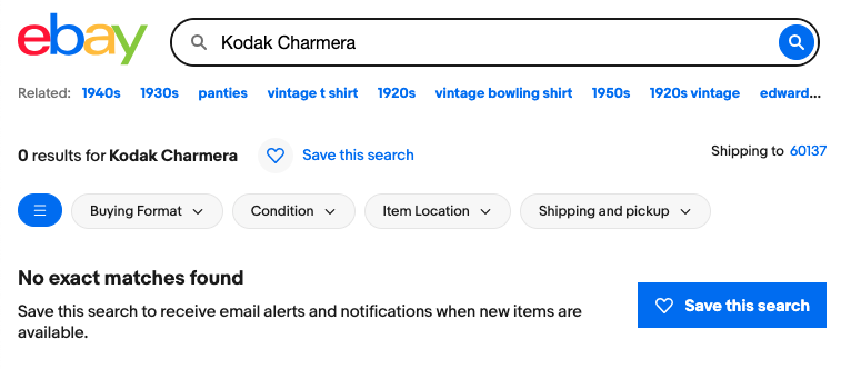 screenshot of eBay search for: Kodak Charmera. 0 results.