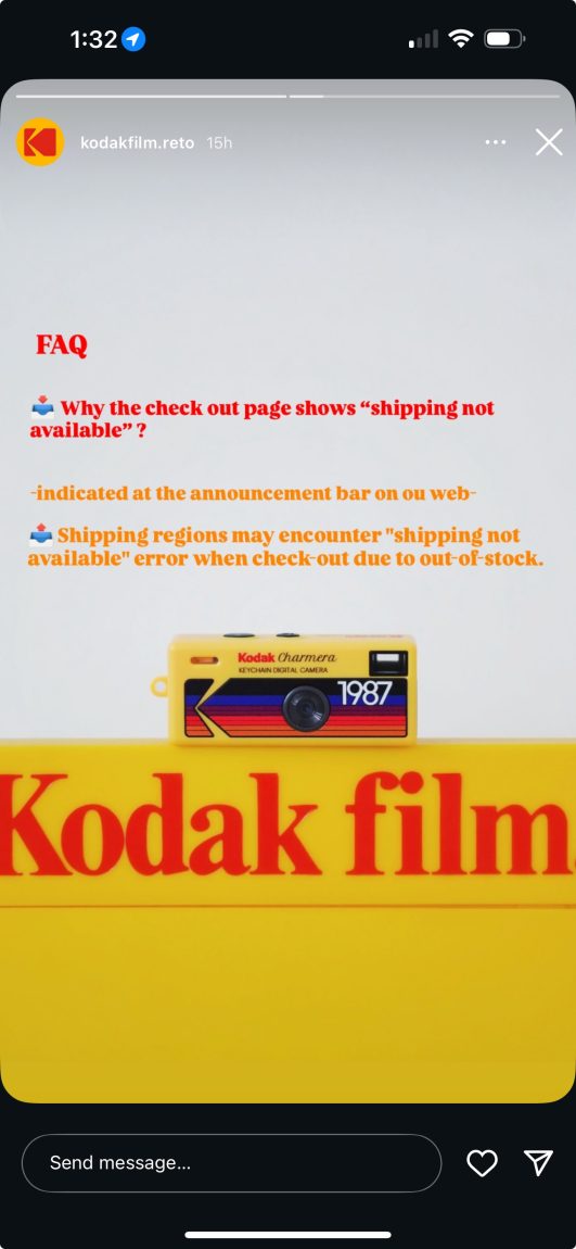 Screenshot of Kodak story: "FAQ Why the check out page shows "shipping not available"? -indicated at th announcement bar on ou web- Shipping regions may encounter "shipping not available" error when check-out due to out-of-stock."