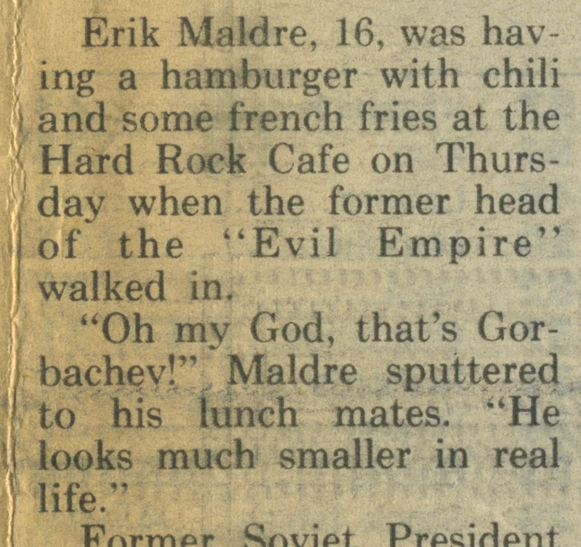 Close-up of front page of Chicago Sun-Times on Friday, May 8, 1992. Cropped to include the start of the Gorbachev story