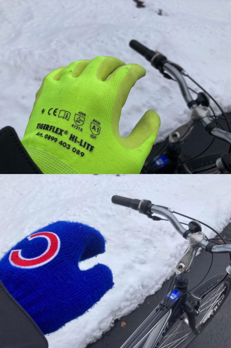 Neon green painters gloves with bike in background. And bright blue Chicago Cubs mittens.