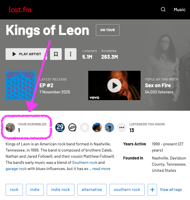 screenshot of spudart's last.fm artist page for Kings of Leon.