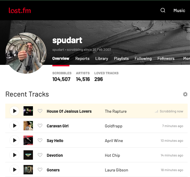 Screenshot of spudart's last.fm page. Shows his recent tracks.