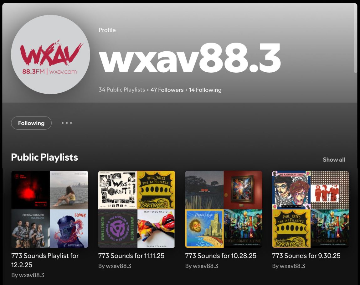 Screenshot of WXAV 88.3's Spotify user account