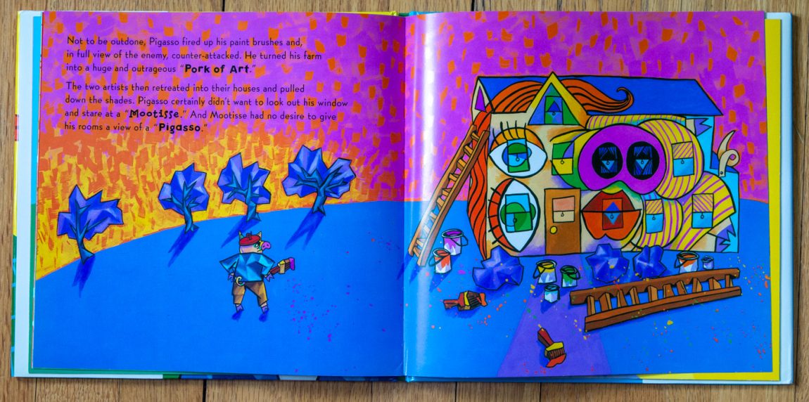 Not to be outdone, Pigasso fired up his paint brushes and, in full view of the enemy, counter-attacked. He turned his farm into a huge and outrageous "Pork of Art."
The two artists then retreated into their houses and pulled down the shades. Pigasso certainly didn't want to look out his window and stare at a "Mootisse." And Mootisse had no desire to give his rooms a view of a "Pigasso."