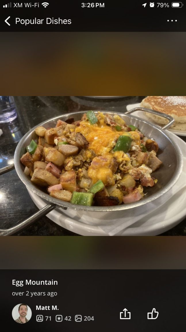 Screenshot of Yelp. A photo of Egg Mountain posted by Yelp user Matt Maldre.