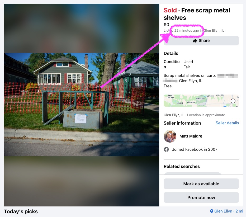Screenshot of Facebook Marketplace. Circled in pink is "22 minutes ago"