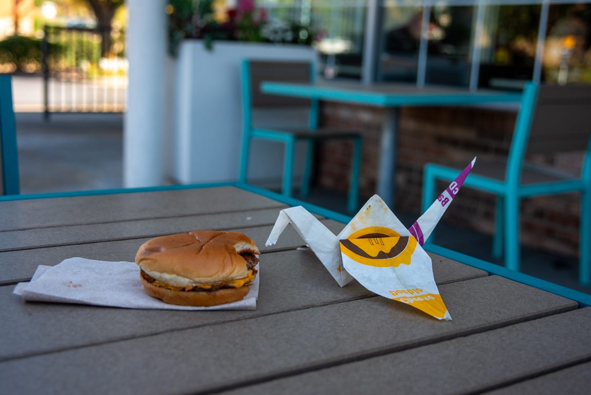 Another view of Origami crane made from McDouble wrapper eats a McDouble